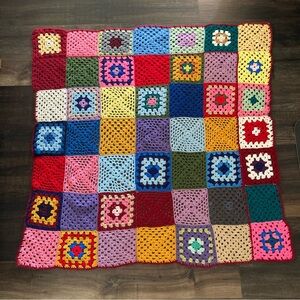 Gramma Style Crochet Throw Blanket 50x50 Colorful Squares Wine Red Outline